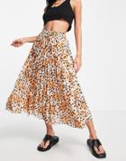 Asos Design Pleated Midi Skirt With Shirred Wasitband In Orange Abstract Animal Print-multi