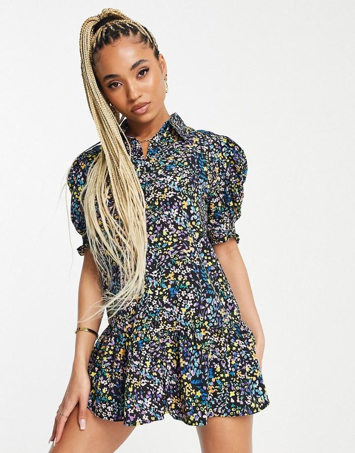 Ax Paris Short Sleeve Shirt Dress In Bright Floral-multi