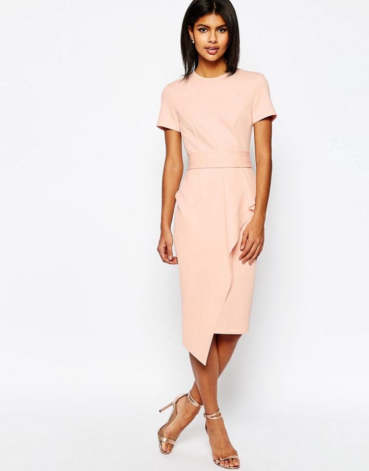 Asos Belted T-shirt Waterfall Pencil Dress - Nude
