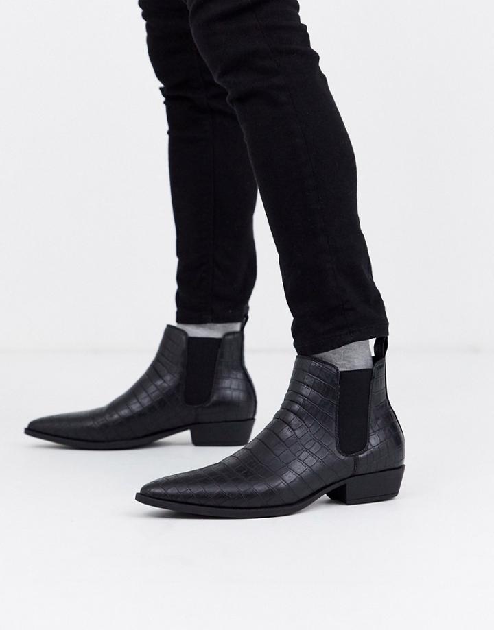 Asos Design Stacked Heel Western Chelsea Boots In Black Faux Leather With Croc Effect