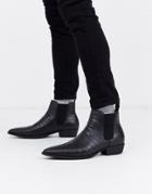 Asos Design Stacked Heel Western Chelsea Boots In Black Faux Leather With Croc Effect