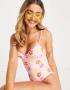 South Beach Underwired Cup Swimsuit In Pink Floral Print