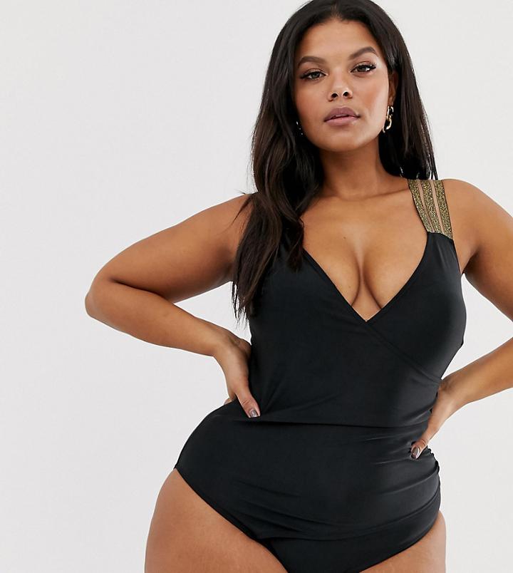 Asos Design Curve Wrap Front Swimsuit With Metallic Tape Straps - Multi
