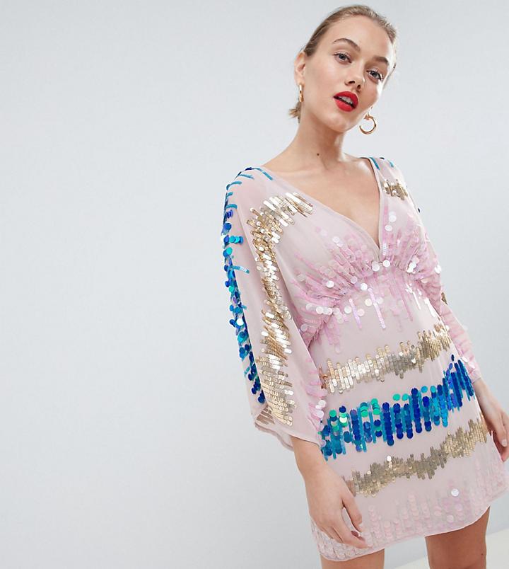 Asos Design Petite Kimono Mini Dress In The Scattered Colored Sequins - Multi