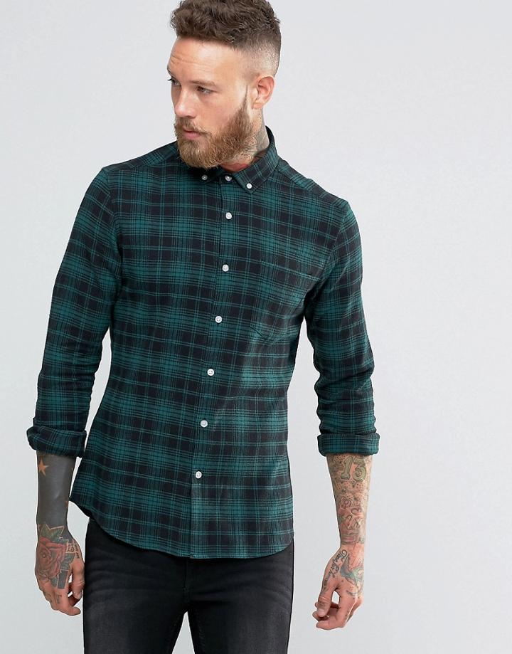 Asos Skinny Check Shirt In Khaki With Long Sleeves - Green