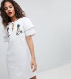 Fashion Union Tall Shift Dress With Ruffle Sleeves And Parrot Embroidery - White