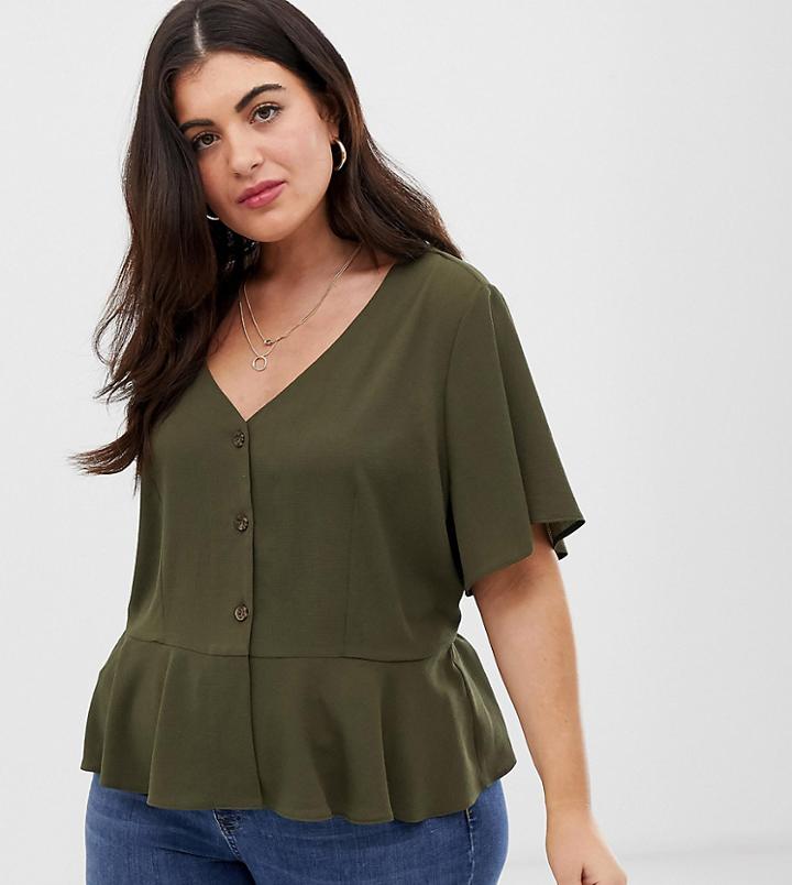 Brave Soul Plus Tea Blouse With Button Front - Green