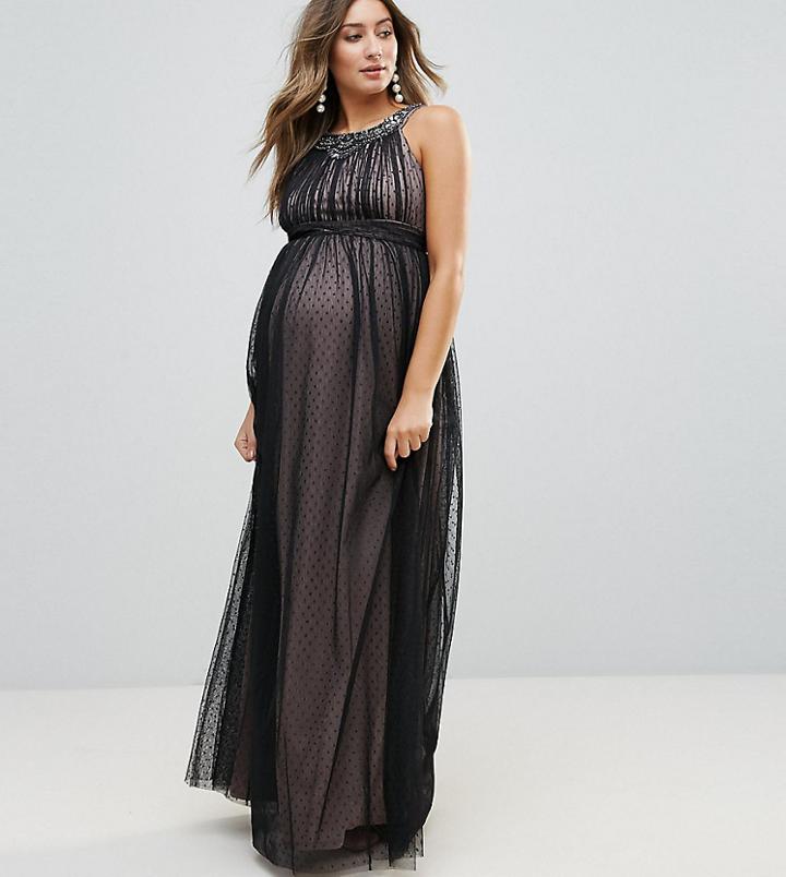 Little Mistress Maternity Embellished Top Dotty Mesh Maxi Dress - Black