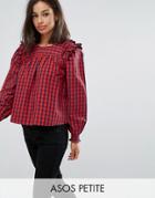 Asos Petite Check Smock Top With Ruffle Detail - Red