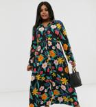 Neon Rose Plus Maxi Shirt Dress In Retro Floral - Multi