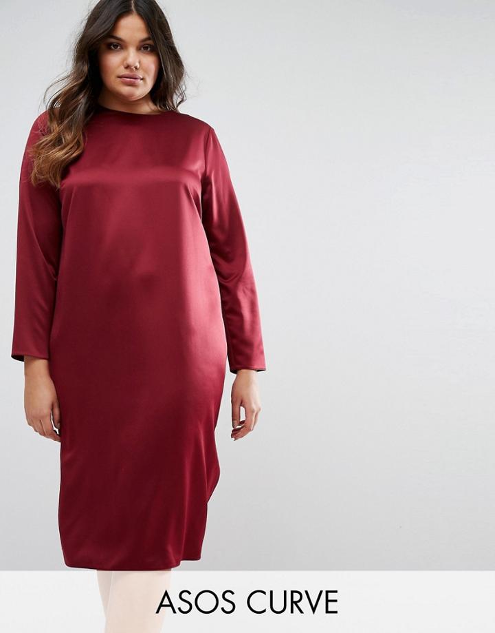 Asos Curve Midi Dress In Satin With Open Back - Red
