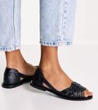Asos Design Wide Fit Francis Leather Woven Flat Sandals In Black