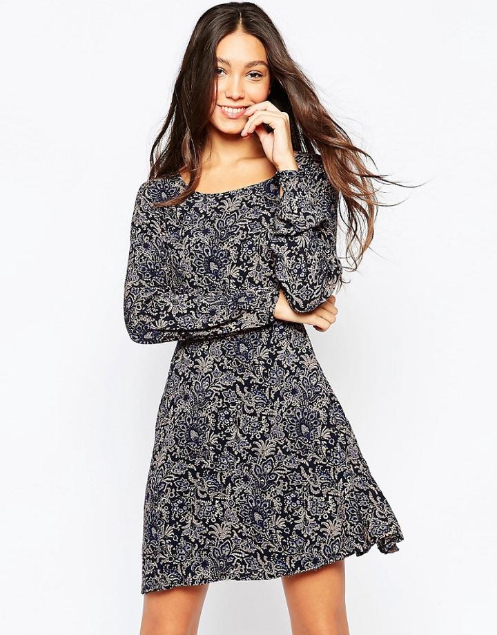 Brave Soul Long Sleeve Paisley Print Skater Dress - Navy