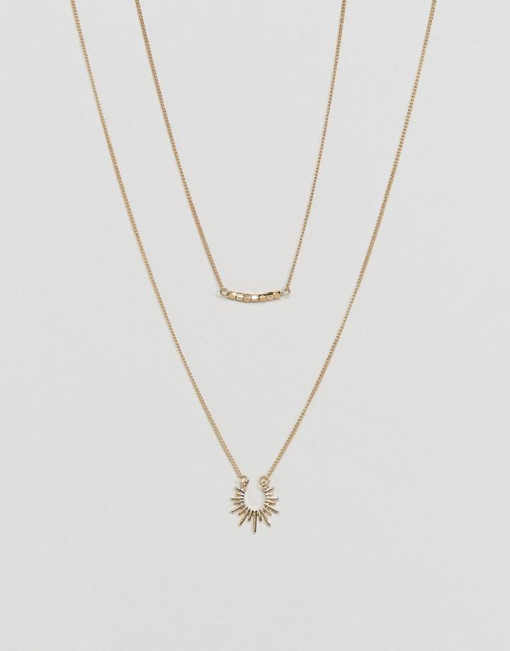 Pieces Double Chain Spiked Bar Necklace - Gold