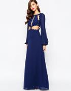 Jarlo Longsleeved Chiffon Maxi Dress With Cut Out And Stud Details - Navy