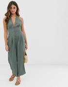 Asos Design Textured Halter Jumpsuit With Button Front-green
