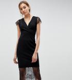 Asos Tall Pencil Dress With V Neck And Lace Sleeves And Hem - Black