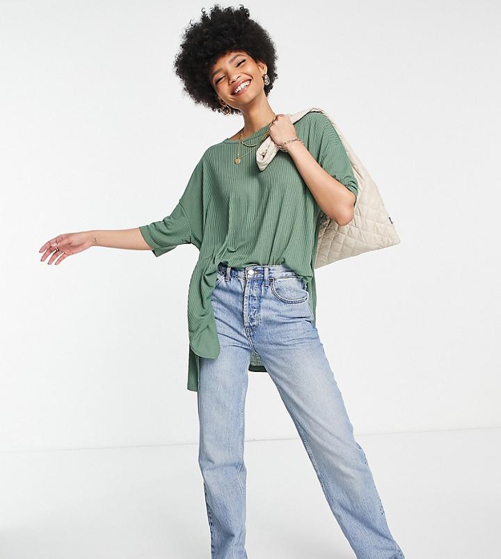 Asos Design Tall Oversized Top With Side Split In Rib In Khaki-green