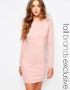 True Decadence Tall Eyelet Lace Up Long Sleeve Bodycon Dress - Pink