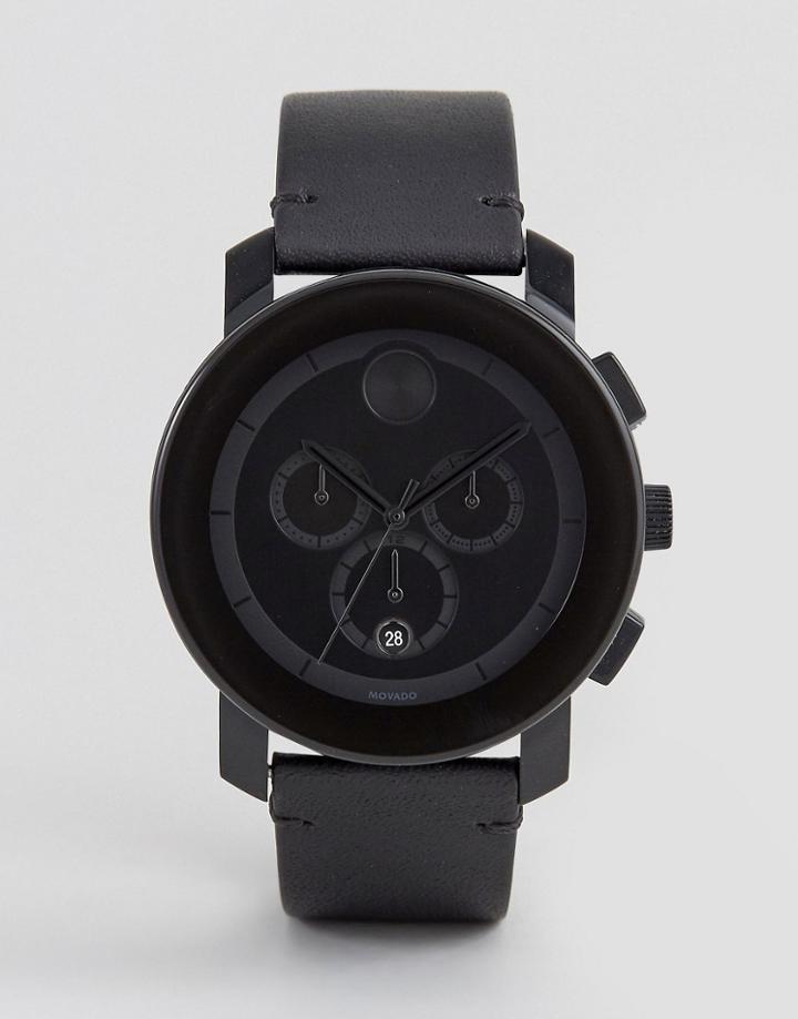 Movado Bold 3600337 Chronograph Leather Watch In Black - Black