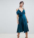 Asos Design Tall Pleated Velvet Cami Midi Dress With Cowl Back Detail-green