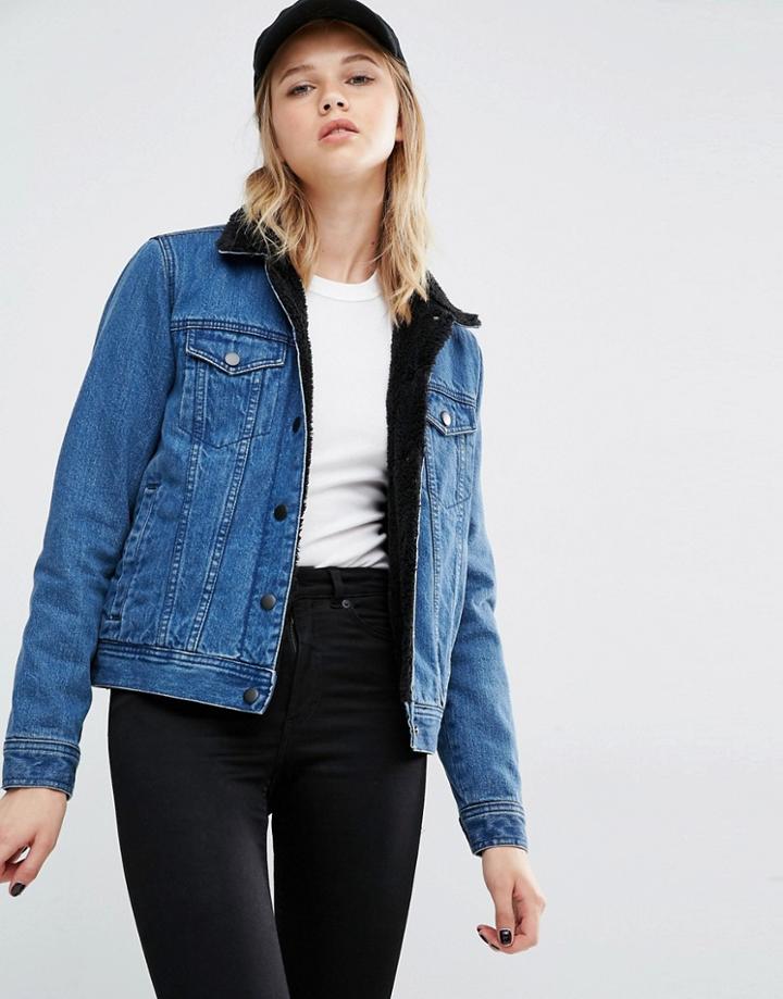 Dr Denim Faux Shearling Collar Denim Jacket - Blue