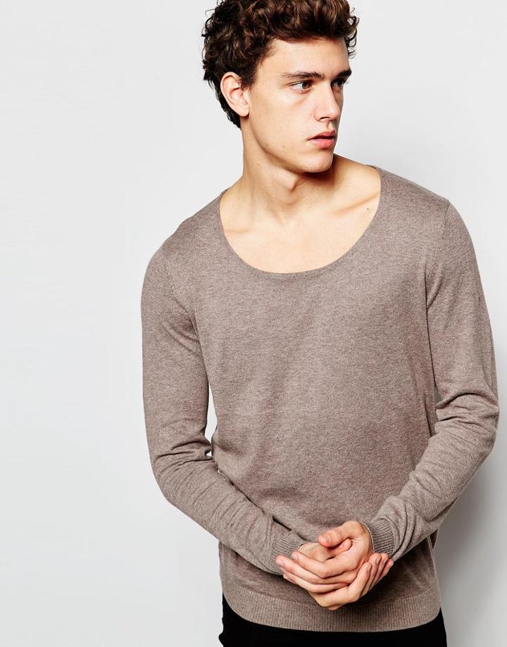 Asos Scoop Neck Jumper In Light Brown Cotton - Mink