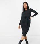 New Look Petite Long Sleeve Ribbed Tie Front Midi Dress In Black