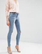 Asos Lisbon Mid Rise Skinny Jeans In Shelby Light Stonewash With Shredded Knees And Chewed Hems - Mid Wash Blue
