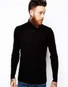 Asos Roll Neck Sweater In Stretch Rib - Black