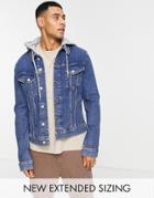 Asos Design Skinny Denim Jacket In Mid Wash With Detachable Jersey Hood-blues