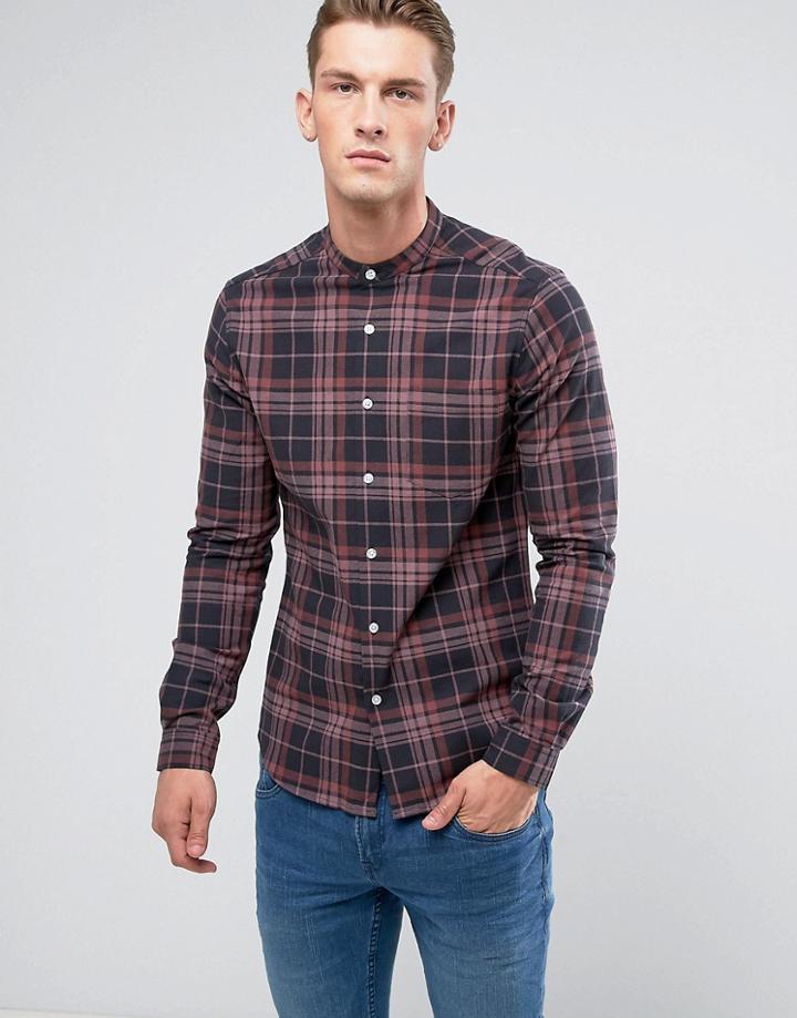Asos Stretch Slim Check Shirt With Grandad Neck - Navy