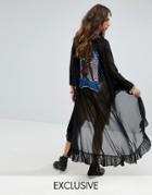 Sacred Hawk Festival Maxi Kimono With Ruffle Hems And Jimi Hendrix Back Print - Black