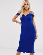 Ax Paris Frill Hem Bardot Bodycon Dress - Blue