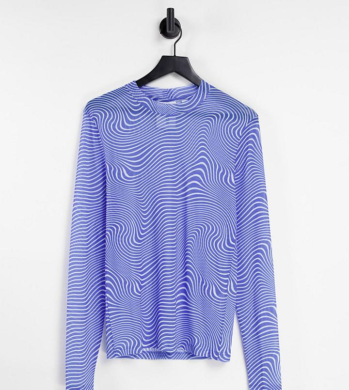 Collusion Unisex Warped Stripe Mesh Long Sleeve T-shirt In Blue-blues