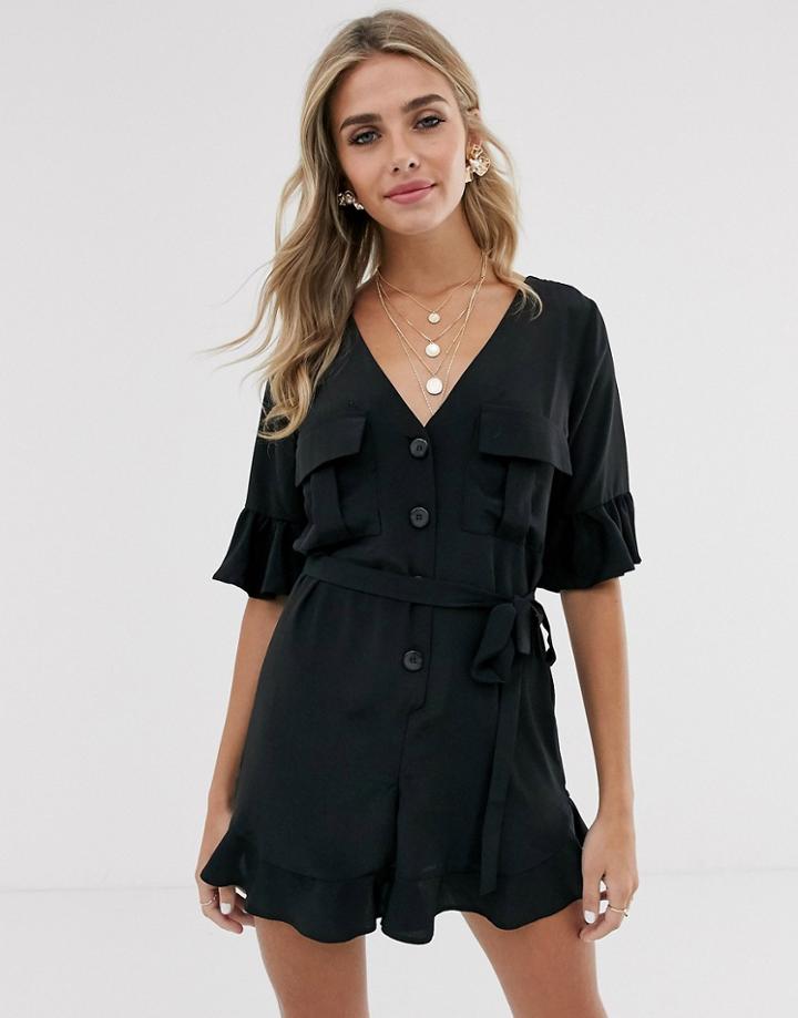 Asos Design Frill Sleeve Romper - Black