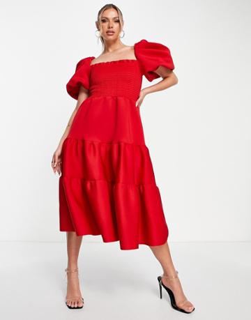 Asos Design Shirred Puff Sleeve Tiered Prom Midi Dress In Red