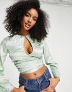 Asos Design Kimono Sleeve Wrap Top With Tie In Lime Jacquard-green