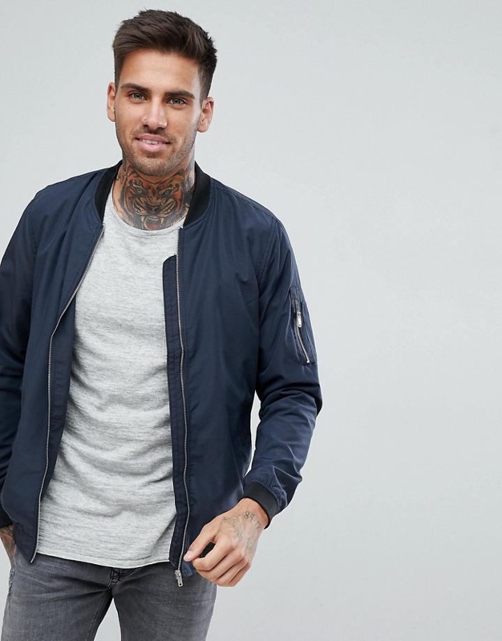Pull & Bear Bomber Jacket With Ma1 Pocket In Navy - Navy