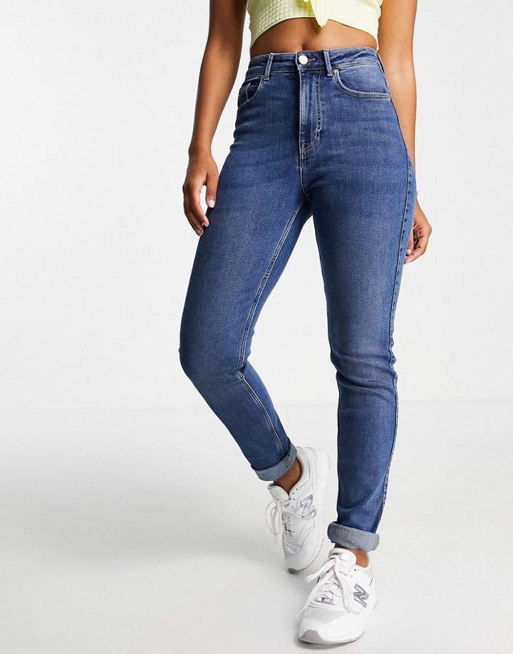Pieces High Waisted Slim Mom Jeans In Mid Blue Wash-blues
