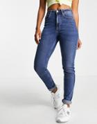 Pieces High Waisted Slim Mom Jeans In Mid Blue Wash-blues