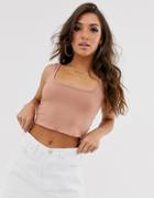 Asos Design Crop Cami With Square Neck And Lettuce Hem In Stone