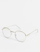 Asos Design Round Glasses In Gold Metal With Bluelight Lens-clear