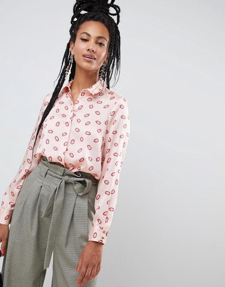 River Island Lip Print Shirt In Pink