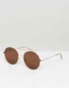Asos Lightweight Round Sunglasses In Gold With Brow Bar - Gold