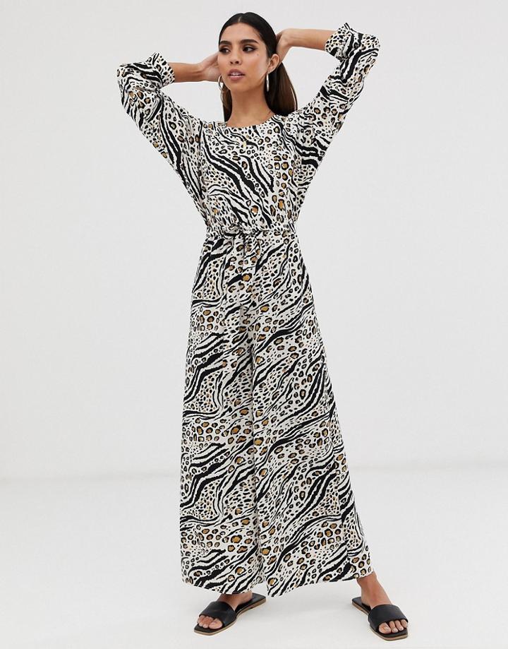 Asos Design Long Sleeve Tie Waist Jumpsuit In Leopard Animal Print-multi