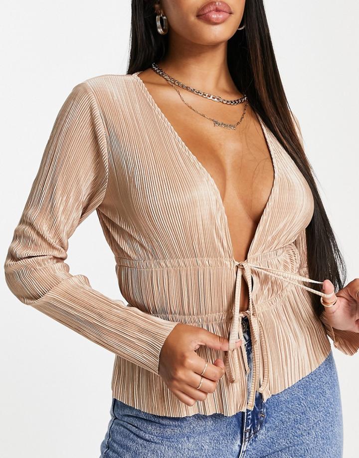 Asos Design Hourglass Tie Detail Plisse Long Sleeve Top In Beige-neutral