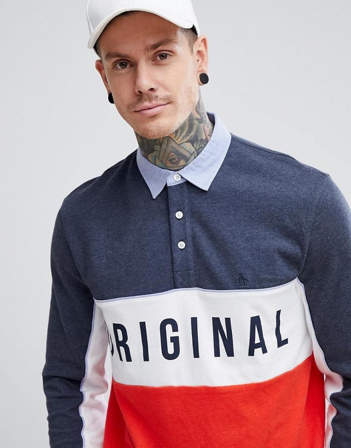 Original Penguin Logo Chest Paneled Rugby Shirt Slim Fit In Navy/white/red - Navy