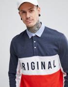 Original Penguin Logo Chest Paneled Rugby Shirt Slim Fit In Navy/white/red - Navy