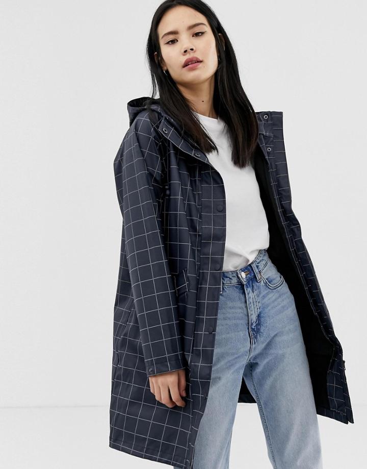 Ichi Check Rubber Raincoat - Navy